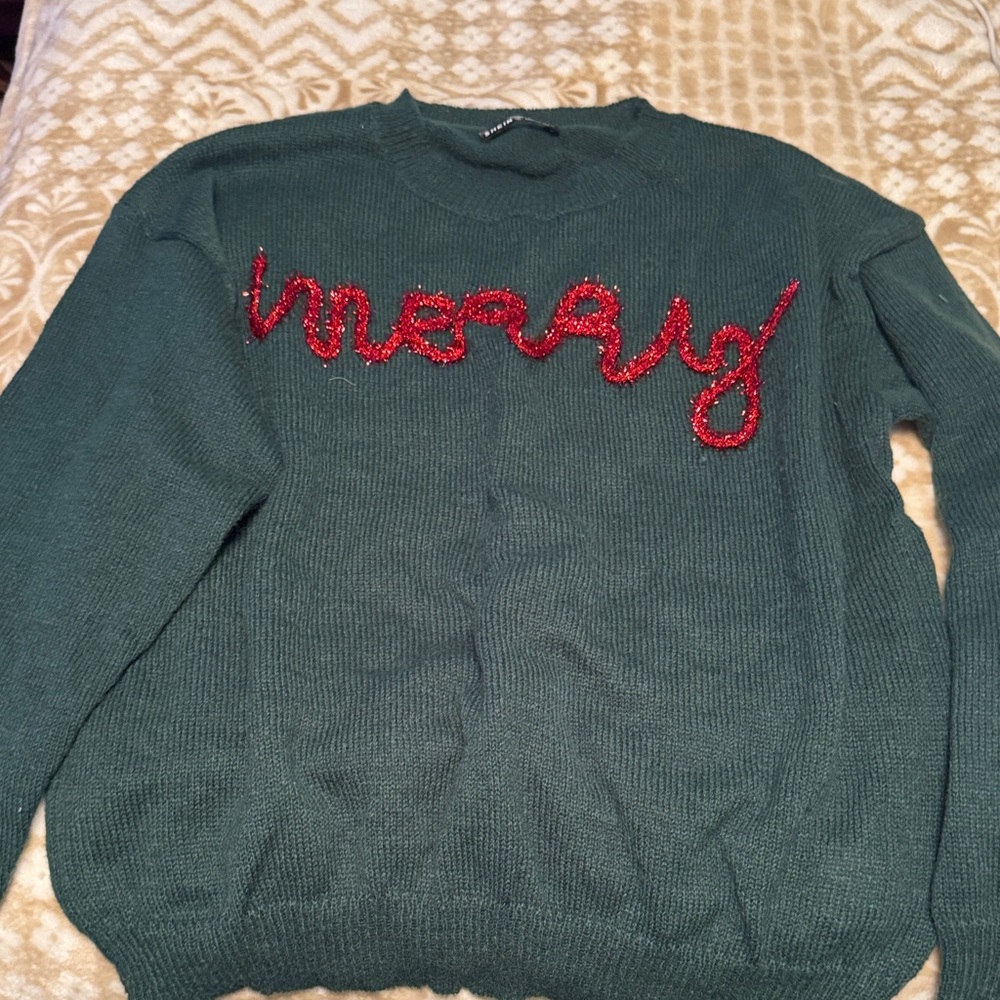 SHEIN Forest Green Sweater with Red Script